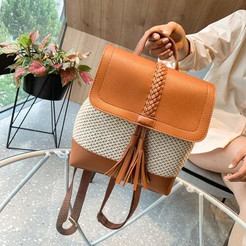 Fashion Tassel Straw Backpacks for Women Bohemian Rattan Wicker Back Packs Summer Beach Bag Pu Leather Patchwork Travel Purses