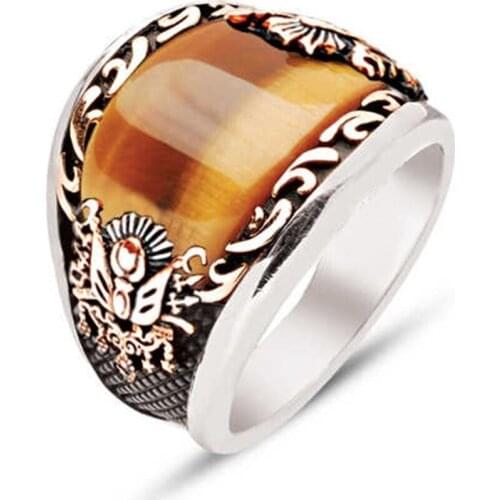 Silver Custom Cut Tiger Eye Stone Embroidered Men 'S Ring