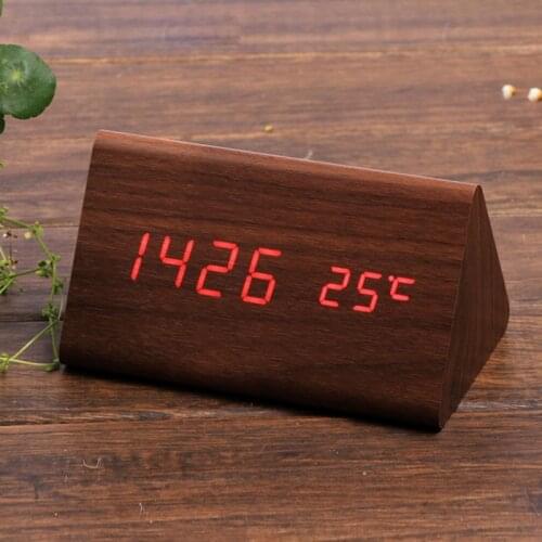 Desk Wooden Led Digital Alarm Clock with Temperature Sound Control Battery or USB Operated Table clock for Bedroom office decor