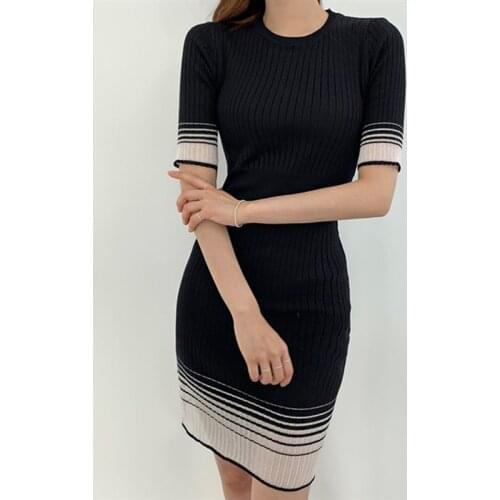 Round Neck Short Sleeve See Through Knit Midi Womens Dress Spring Summer 2021 Korean Style Office Lady Elegant Casual Vestidos