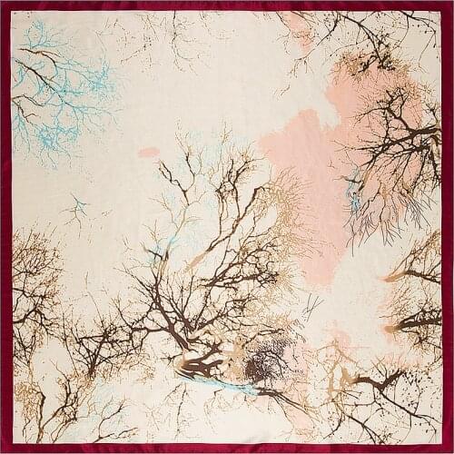 2017 Chinese Style Tree Branches Print Bandana Square Silk Scarf Winter Soft Women Foulard Female Hijab Shawl 90*90cm M250