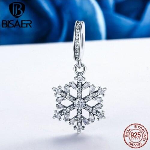 BISAER 925 Sterling Silver Snowflakes Charms Cubic Zircon Snowflake Pendant Fit Bracelet Necklaces DIY Jewelry Accessories C266