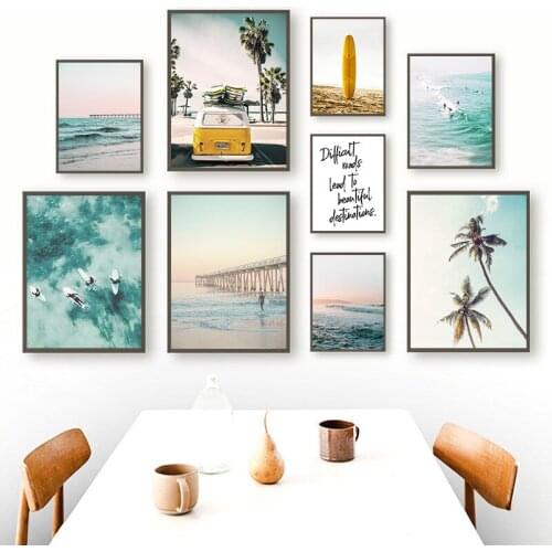 Scandinavian Style Ocean Landscape Canvas Poster Nordic Beach Yellow Bus Wall Art Print Painting Surf Picture Home Decor TB193