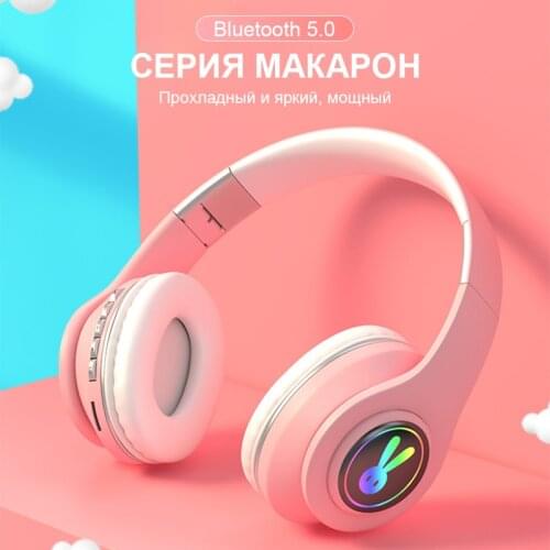 Cute LED Rabbite Bluetooth Kids Headphone With Microphone Foldable Wireless Earphone Girls