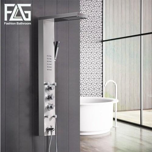 FLG 304SUS Bathroom Thermostatic Rain Shower Panel Brushed Nickel Shower Column Tub Jets Hand Shower Wall Panels