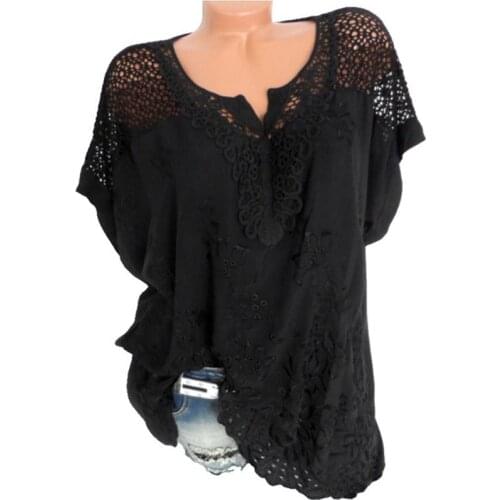 Plus Size Lace Women Black T-Shirt Summer Cotton Women Fashing Tops V-Neck Bat Sleeve Embroidery High Quality Women Shirt 6XL