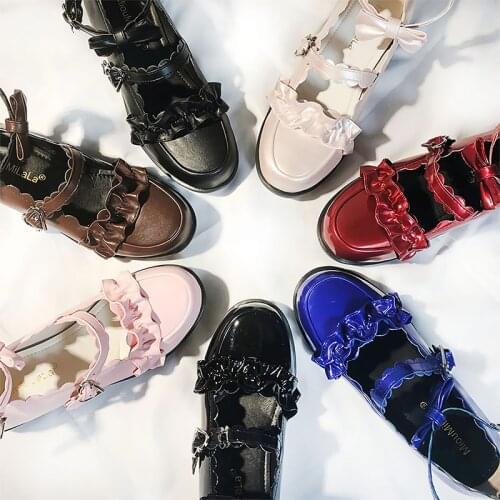 Japanese Sweet Lolita Shoes Comfortable Ruffle 6 ColorJK Uniform Loli Shoes Round Head Kawaii Girl Tea Party Low-heeled Shoes