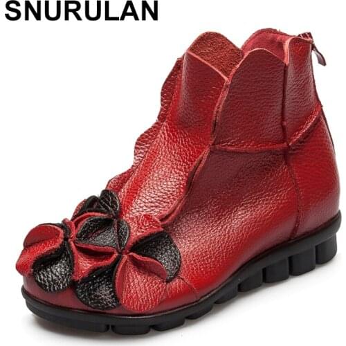 SNURULAN Womens genuine leather ankle boots; Vintage handmade shoes with flowers; retro style cowboy boots; non-slip warm boot