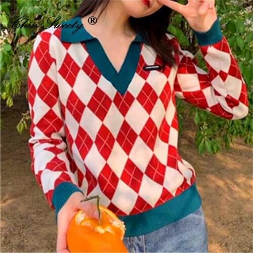 Argyle Color Matching Sweaters Women Turndown Collar Knitted Pullover 2021 Winter Coat Perppy Girly Basic Daily Soft Jumpers Top