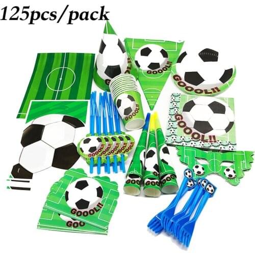 125Pcs Green Football Baby Birthday Party Supplies Kids Favorite Disposable Horns Straws Banners Plates Cups Forks Tablecloths