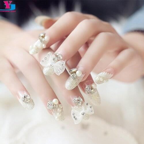Bride 3D Fake Nails Butterfly Full Lace Pearl Pre Design Nail Art Tips Beauty Press On Nails Faux Ongles Acrilico Para Maquiagem