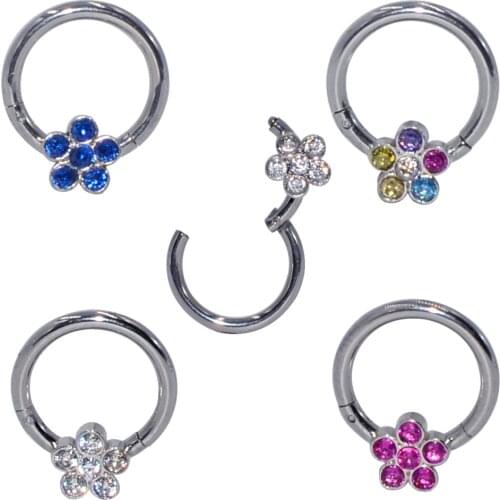 4PCS Steel CZ Gem Flower Hinged Segment Ring Crystal Septum Clicker Hoop Nose Labret Ear Tragus Cartilage Daith Helix earrings