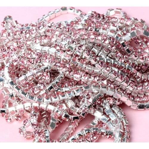 10Yard Lt Rose Pink Claw Crystal Rhinestones Chain Gradient DIY Dense Silver Base Rhineston Chain Garment&Bag Art Decoration