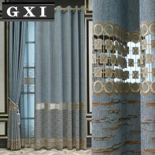 European Hollow Blue Luxury Curtains for Living Room Bedroom Window Drapes Chenille Thermal Insulated Semi Blackout Curtain
