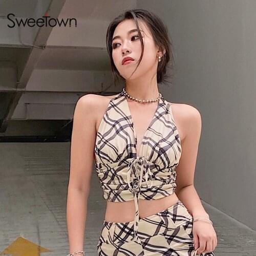 Sweetown Curve Striped Cute Womens Crop Top V Neck Sexy Rave Party Clubwear Backless Lace Up Halter Tops Female Y2K Beachwear