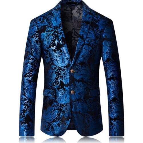Quality gold velvet fabric Mens Suit Jacket 2019 fashion designer floral print blazer mens business banquet prom formal blazer