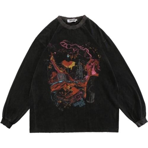 2021 Autumn Ripped Graphic Print Retro Wash Harajuku Men Pullover Sweatshirt Long Sleeve Hip Hop Oversized Tshirt Gothic Clothes