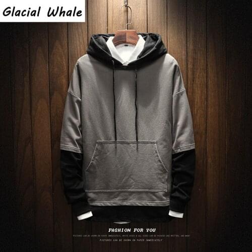 GlacialWhale Winter 2021 new Splicing Solid color mens hoodie Street hip-hop wild oversized Rapper Same clothes sweatshirt