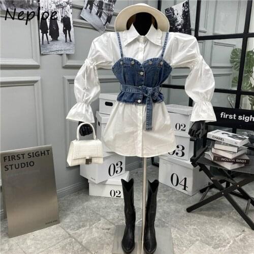 Neploe 2021 New Sweet Suit Turn-down Collar Single Breasted Puff Sleeve Women Shirts Dress + Denim Camis Vest 2 Piece Set