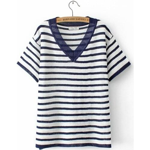 Plus Size XL-4XL V-neck Summer Tops Womens Striped Tshirts Casual Slim Oversized Shirts