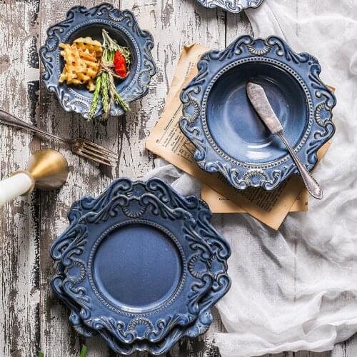 Retro Ceramic Tableware Dishes West Plate Rice Bowl Soup Noodles Dessert Plate Pattern European Relief Dinnerware