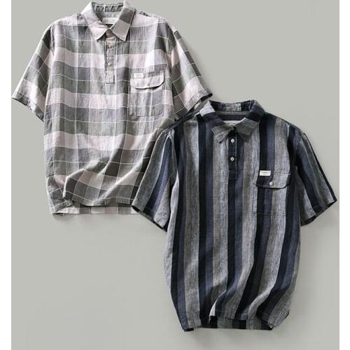 ES2109 Mens Stripe Shirts Plaid Linen Summer Pullovers Japanese Casual Loose Breathable Lapel Short-Sleeved Youth Male Tops Tee