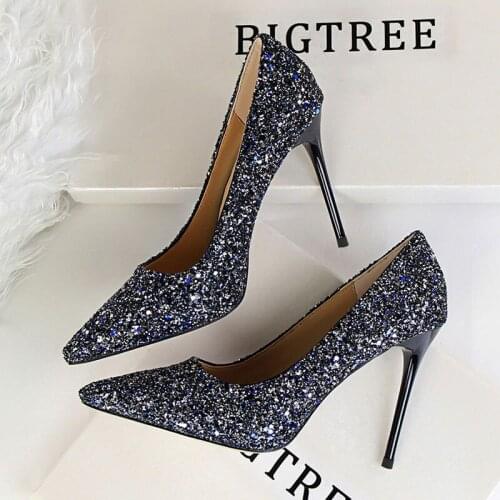 Shoes Women Luxury Designer 2019 Glitter Shoes Sexy High Heels Pumps Female Gold Silver Blue Heels Bridal Wedding Shoes 9219-1