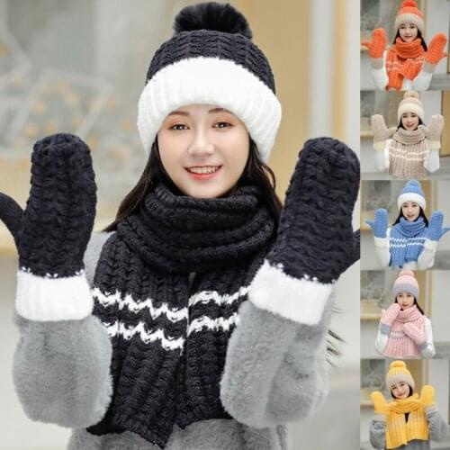 Women Winter 3Pcs Pompom Beanie Hat Long Scarf Gloves Set Contrast Color Chunky Knit Plush Lined Skull Cap Neck Warmer