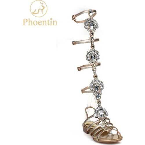 Phoentin gold knee high gladiator sandals 2018 crystal summer boots low heels narrow band buckle women shoes rome style FT432