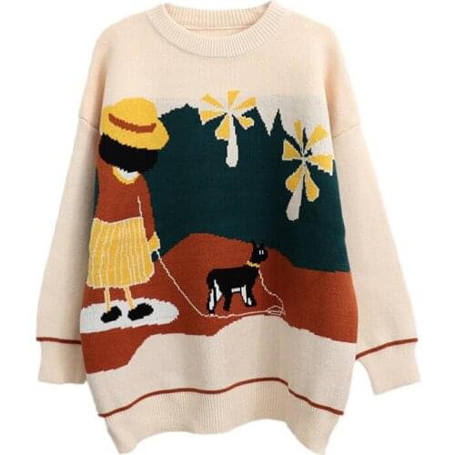 Women Sweater Cartoon Embroidery Long Sleeve Winter Knitted Pullover Casual Loose Round Neck Warm Top For Teenage Girls