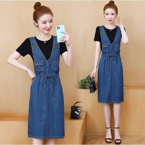 New Summer Style Women Dresses Casual V-Neck Button Slit Collect Waist Pockets Solid Slim Vest Jeans For Females Denim One-Piece