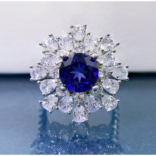 2021 New Arrival 925 Sterling Silver Flower Design 8mm Sapphire High Carbon Diamond Wedding Party Rings For Women Fine Jewelry