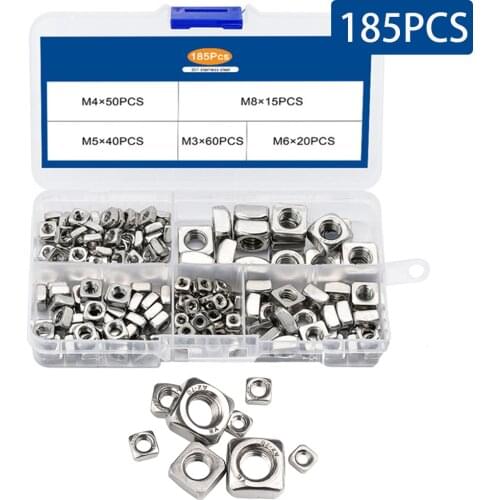 185PCS/Box M3 M4 M5 M6 M8 Square Nuts Assortment Kit A2 Stainless Steel Metric Square Nuts Set DIN557 Four-sided Nuts