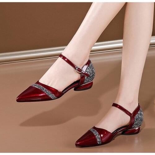 2020 Summer Shoes Fashion Patent Leather Dress Shoes Glitter Pointed Toe Women Sandals Buckle Strap Low Heels Female Shoes 8150N