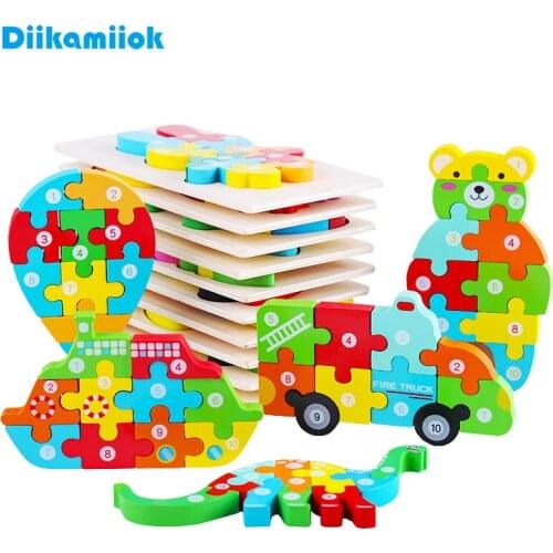 2021 New Wooden 3D Puzzles for Children Wood Toy Jigsaw Puzzle Kids Animal Car Digital Matching Game Kids Baby Educational Toys