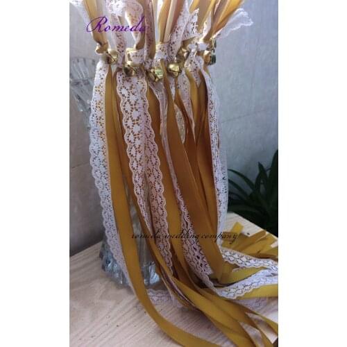 Free Shipping 2 Gold stain ribbon + 1 white lace Wedding Ribbon Stick With Bell ,Wedding Ribbon Wands ribbon Twirling Streamers