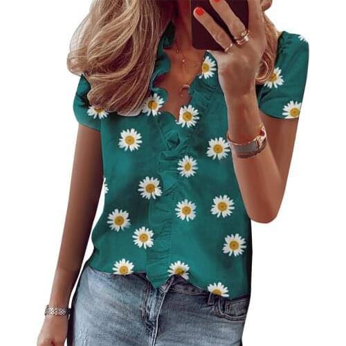2021Summer Floral Print Elegant Women Blouse Short Sleeve V-Neck Office Ladies Shirt Plus Size Casual Tops Female