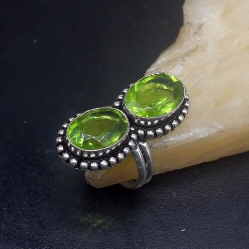 Hermosa Jewelry Double Oval Shape GreenTopaz Unique Silver Color Wedding Charms Band Ring For Women Ladies Size 7 HD912