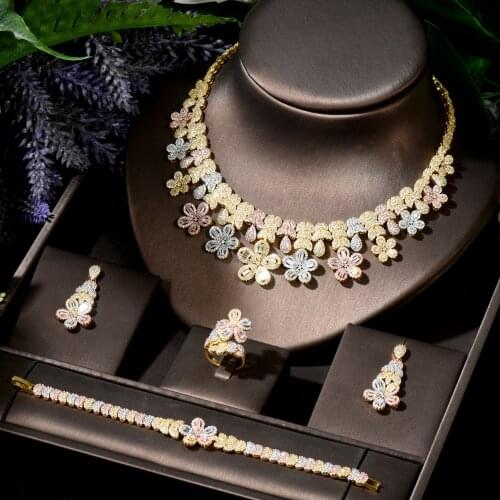 HIBRIDE High Quality 3 Tones Cubic Zirconia Stones Beautiful Flower Shape Big Round Jewelry Set for Ladies Accessories N-1791