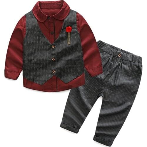 Printed Toddler Clothing Set for Children 2021 Autumn Spring Red Shirt + Vest + Pants + Bow 4 Pieces Baby Boy Suit Outfits