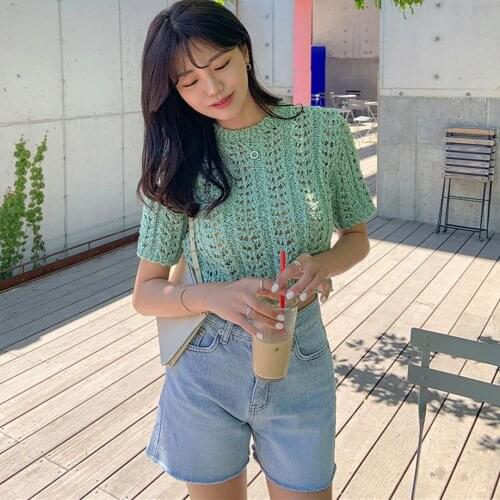 Spring and summer short sweet Korean knit sweater short sleeve sexy T-shirt simple Korean style
