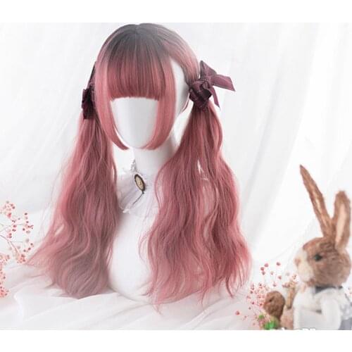 CosplayMix Lolita Anime Cosplay Wig 50CM Long Black Mixed Pink Ombre Lady Natural Wavy Party Synthetic Heat Resistant Hair+Cap