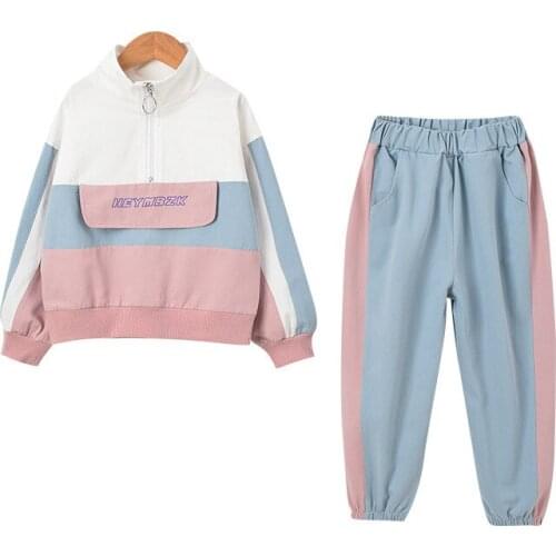 Fashion Color Patchwork Suits for Kids Girl Long Sleeve Sweatshirt Casual Outfit for Teenage Girl 8 10 12 years