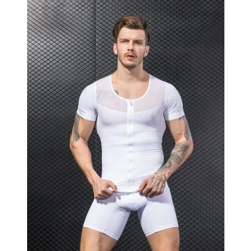 Men short sleeve body shapers t shirt corset slim body building Slimming Chest Shirt Tummy Trimmer Shaper Zipper Compression