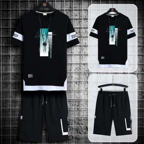 Mens Casual 2Pcs Set Short Sleeve T-Shirt & Knee-Length Pants 2021 Male Shorts Jogging Sports Suit Tracksuit Summer Streetwear