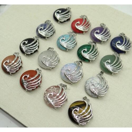 Natural Stone Quartz Crystal aventurine tiger eye Tree of Life Round Shaped charm pendant for diy Jewelry making necklace10pcs