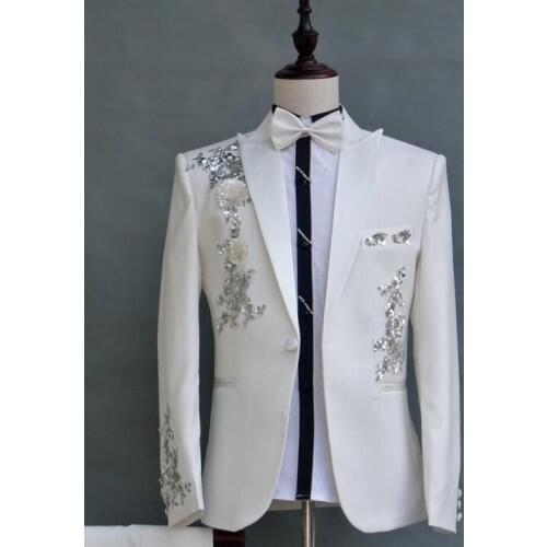 2020 new arrival singer stage slim men suit set with pants mens wedding suits white formal dress mens Sequins suit + pant + tie