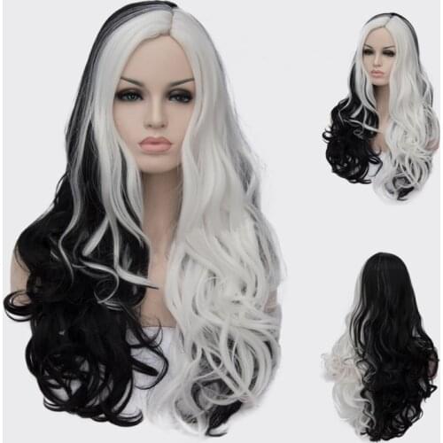 CRUELLA de Vil Black & White 75cm Long Curly Hair for Deville Heat Resistant Cosplay Costume Wigs + Wig Cap