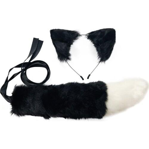 Faux Fur Kitten Wolf Ears Headband Long Tail Set Candy Color Anime Dress Up Animal Cosplay Costume Halloween Party Props
