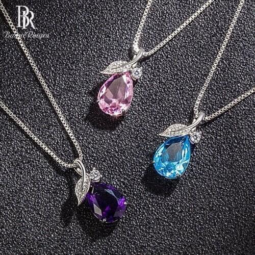 Bague Ringen Simple Womens Necklace Charms Silver 925 Jewelry Pink Blue Purple Zircon Leaves Water Drop Pendant Clavicle Chain